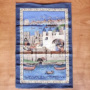 Tower Of London Tea Towel Irish Linen Cotton Graphic Blue Thames 18 x 27.5 in